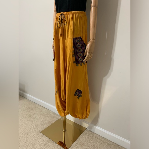 Mustard Yellow with Pink Floral Hobo Embroidered Low Harem Baggy Pants - Picture 5 of 16